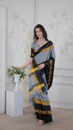 Steel Grey & Black Hathi Design (Elephant) Cotton Silk Saree