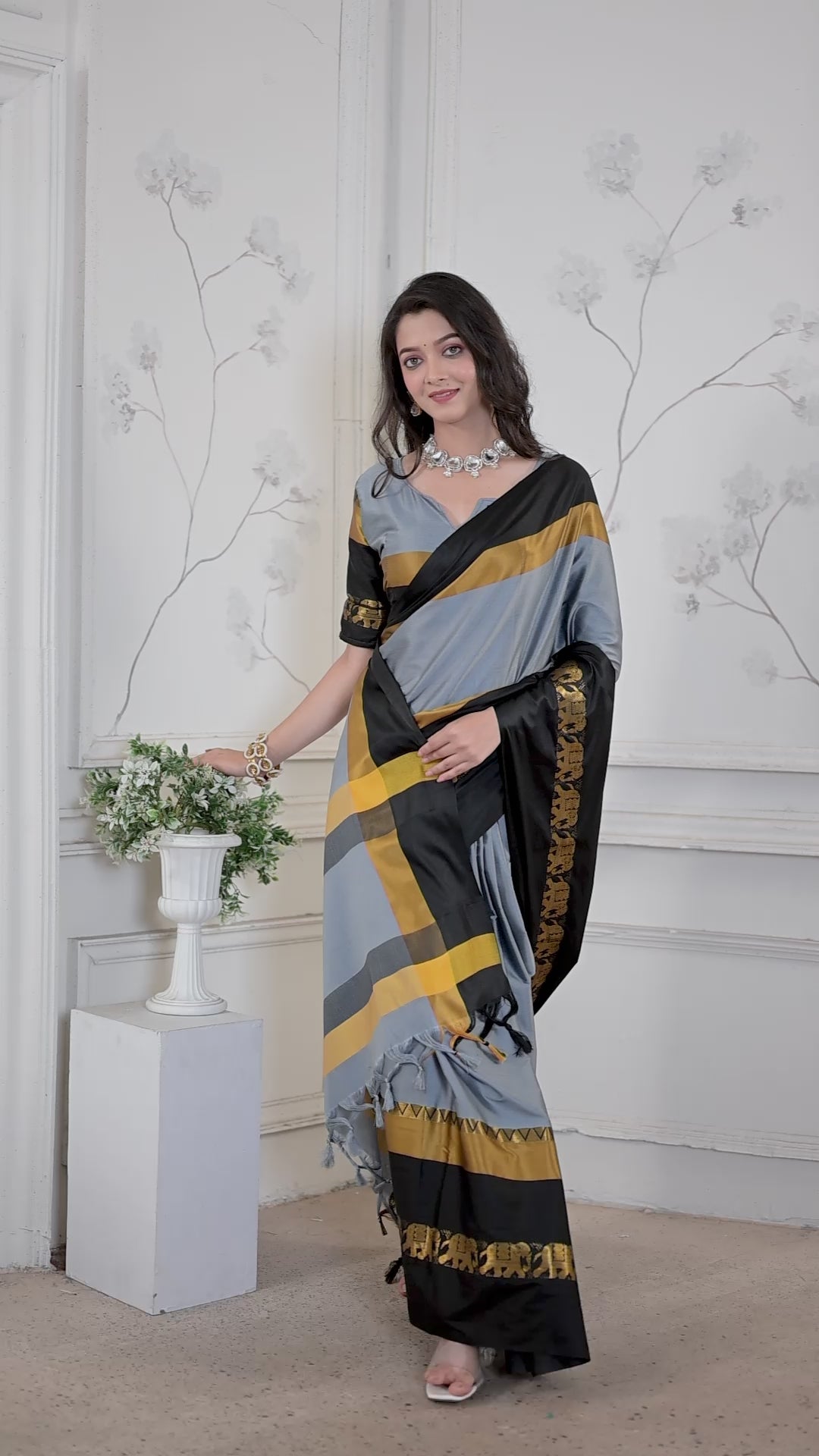 Steel Grey & Black Hathi Design (Elephant) Cotton Silk Saree
