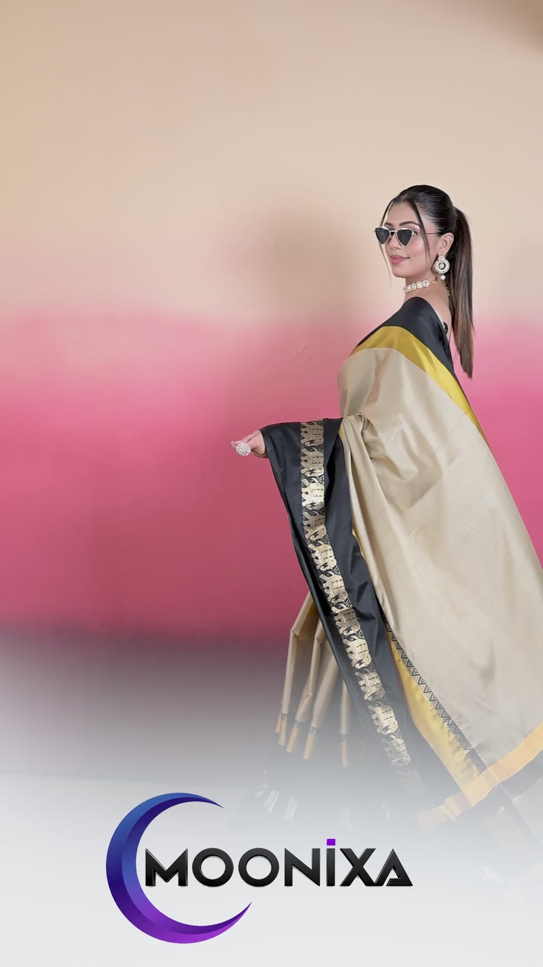 Beige & Black Hathi Design (Elephant) Cotton Silk Saree