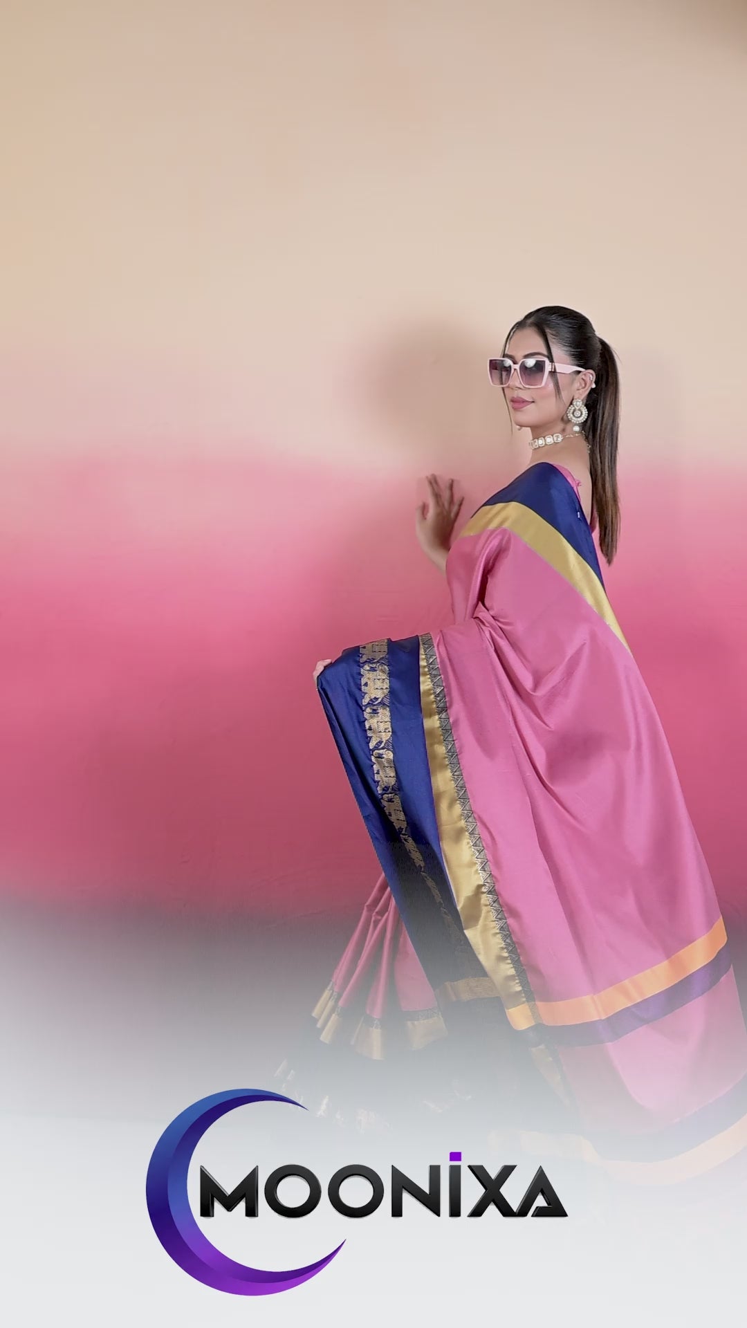 Pink & Navy Blue Hathi Design (Elephant) Cotton Silk Saree