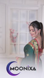Bottle Green & Red Peacock Design Cotton Silk Saree with Running Blouse Piece – Premium Ethnic Wear | Moonixa