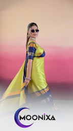 Lemon Yellow & Navy Blue Hathi Design (Elephant) Cotton Silk Saree