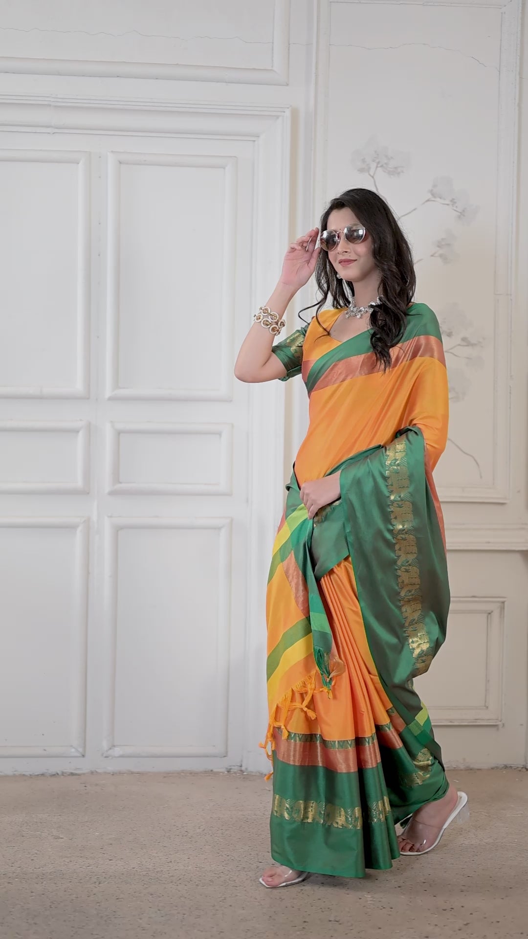 Turmeric Yellow & Green Hathi Design (Elephant) Cotton Silk Saree