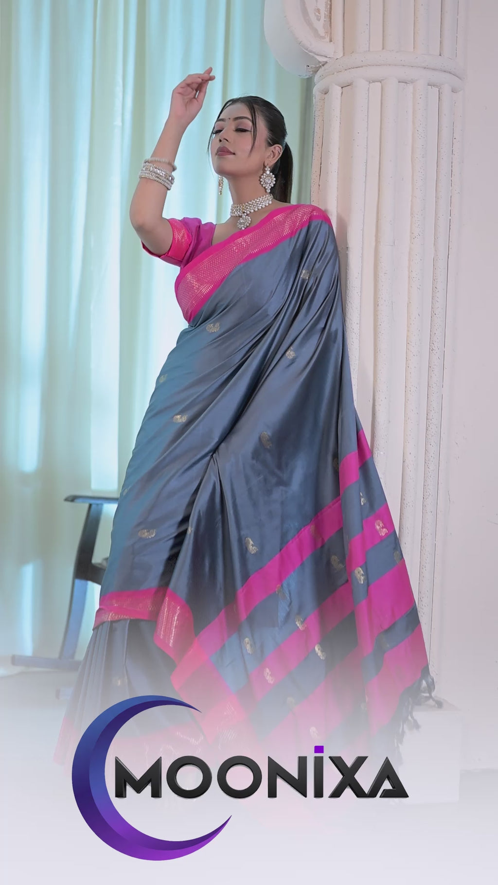 Steel Grey & Rani Pink Paithani Cotton Silk Saree