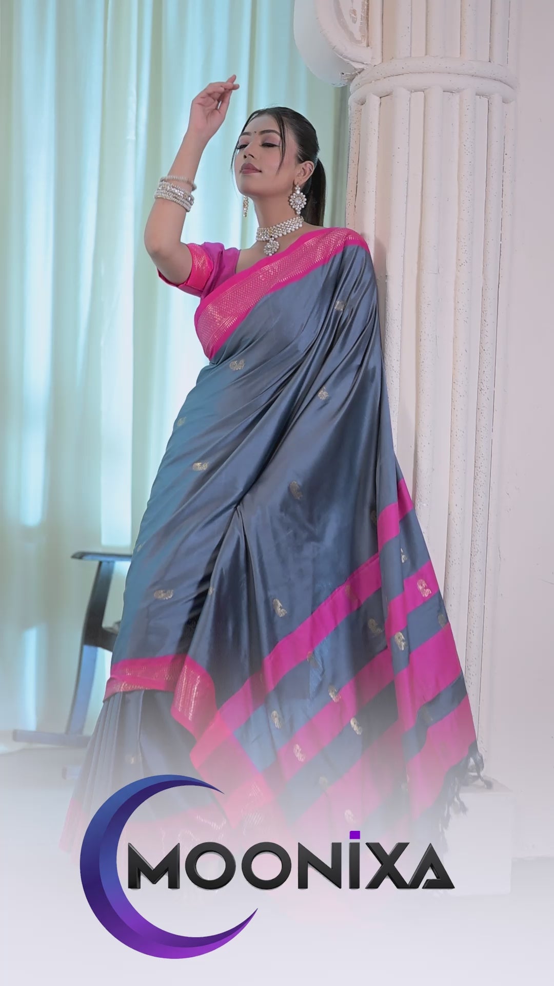Steel Grey & Rani Pink Paithani Cotton Silk Saree