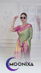Pista & Rani Peacock Design Cotton Silk Saree with Running Blouse Piece – Premium Ethnic Wear | Moonixa