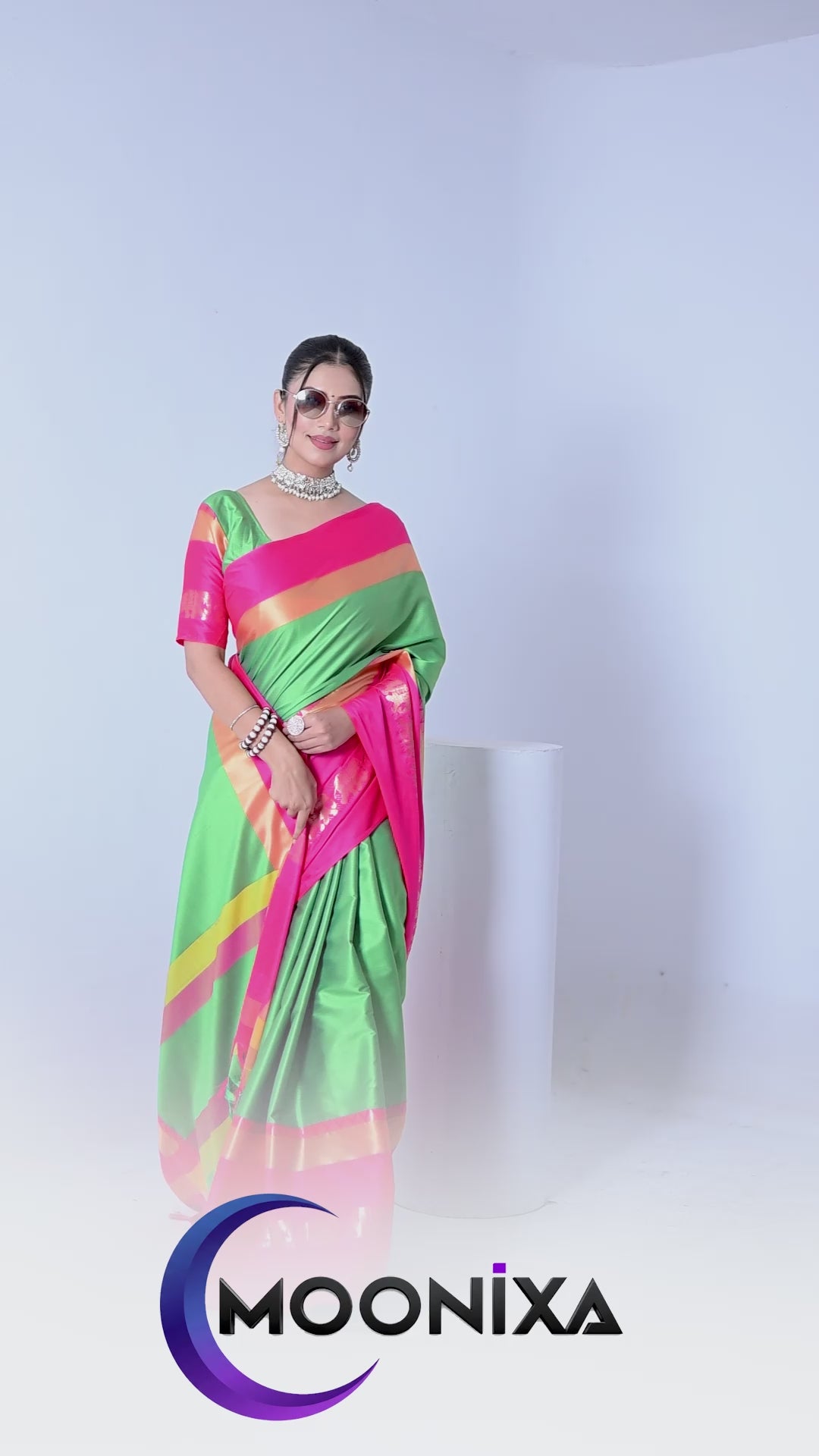 Parrot Green & Pink Rani Hathi Design (Elephant) Cotton Silk Saree